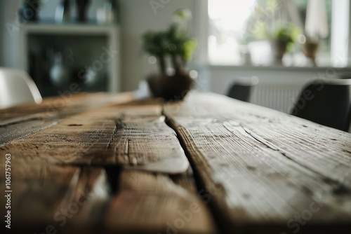 Sunlight highlights the textures of a vintage wooden table, creating an inviting atmosphere in a warm, plant-filled room.