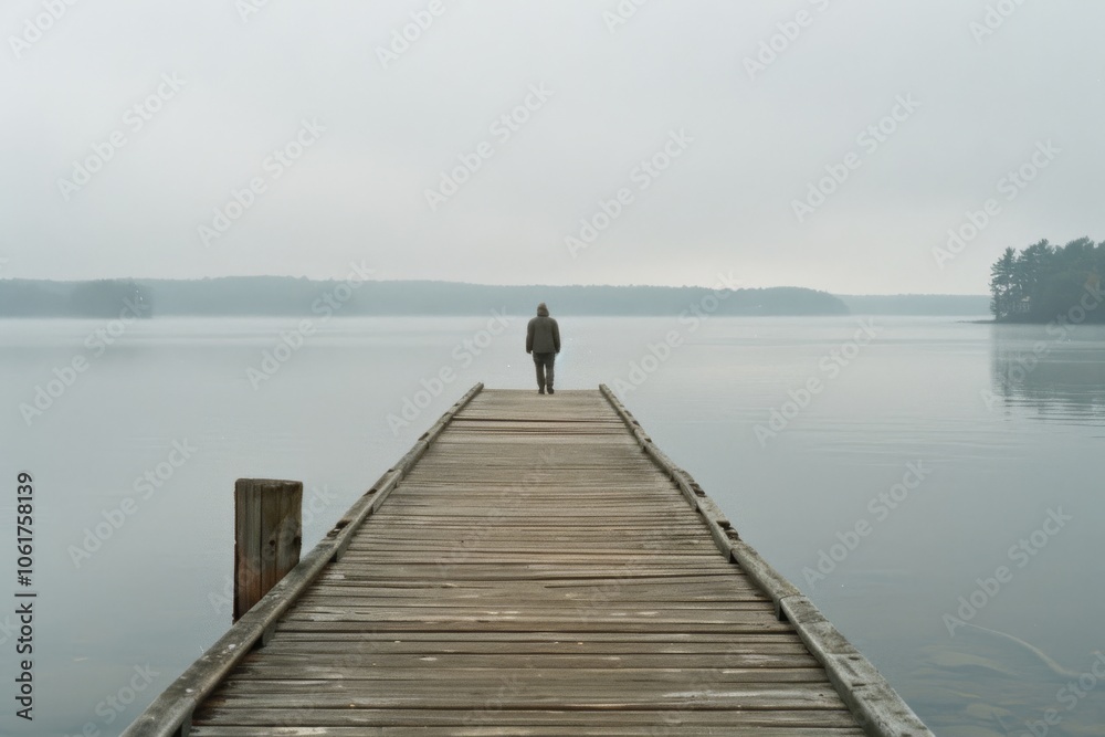 Naklejka premium A solitary figure stands on a dock over a tranquil lake, enveloped in mist, reflecting solitude and contemplative serenity away from busy life.