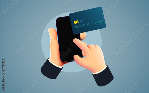 Mobile banking app and e-payment. Hand with smartphone and pay by credit card via electronic wallet wirelessly on phone. Online banking. Shopping by phone and connected card.