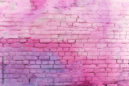 Purple and blue paint splashes on a pink brick wall background.