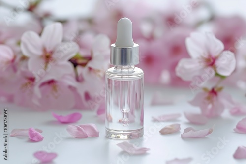 Bottle of essential oil with pink cherry blossoms on white background