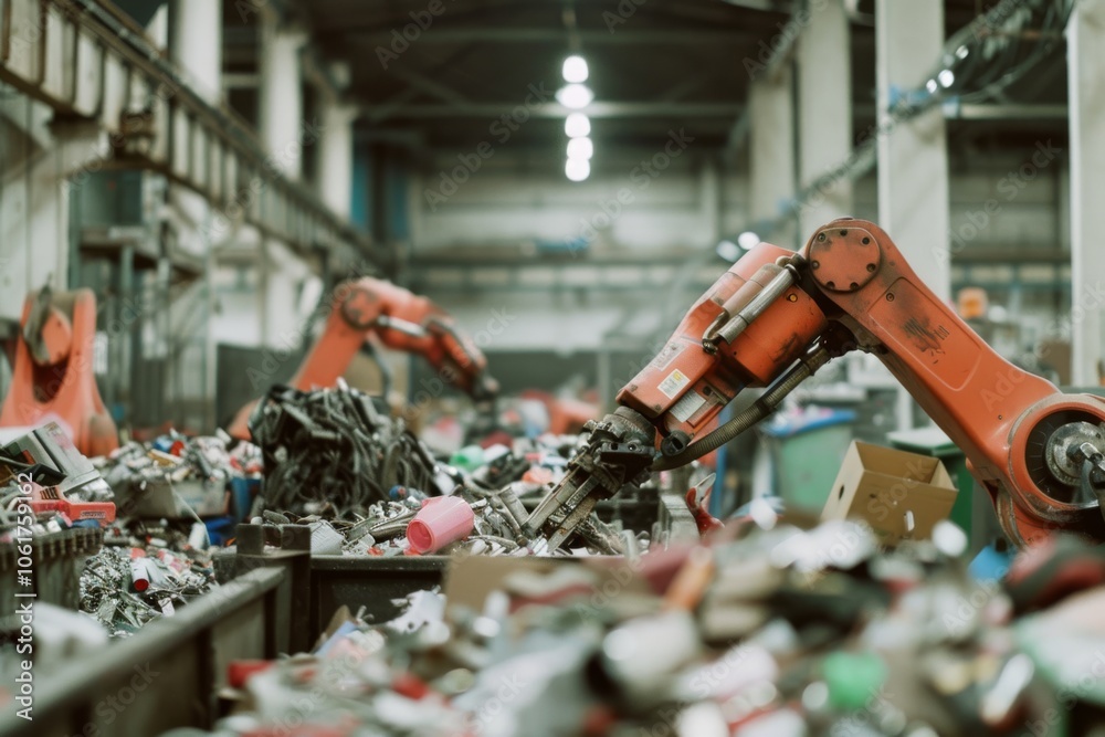 Naklejka premium Robotic arms industriously sort materials in a recycling facility, showcasing automation and efficiency in waste management.