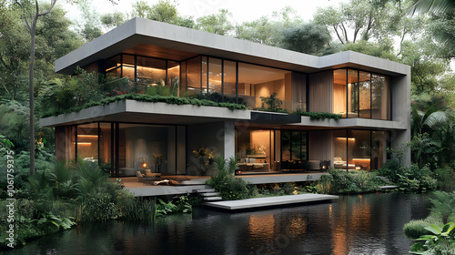 Modern House with Pond and Greenery 3D Illustration