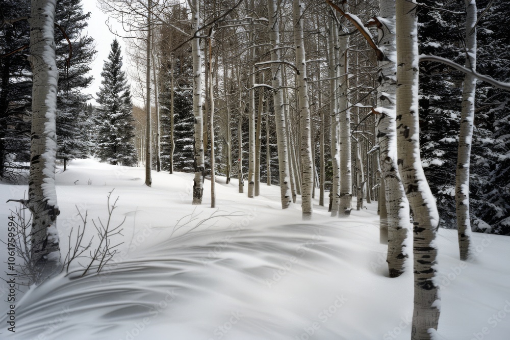 A snow-laden forest reveals a serene winter landscape, with birch trees standing stark against the swirling white drifts. A snow-laden forest reveals a serene winter landscape, with birch trees standing stark against the swirling white drifts.