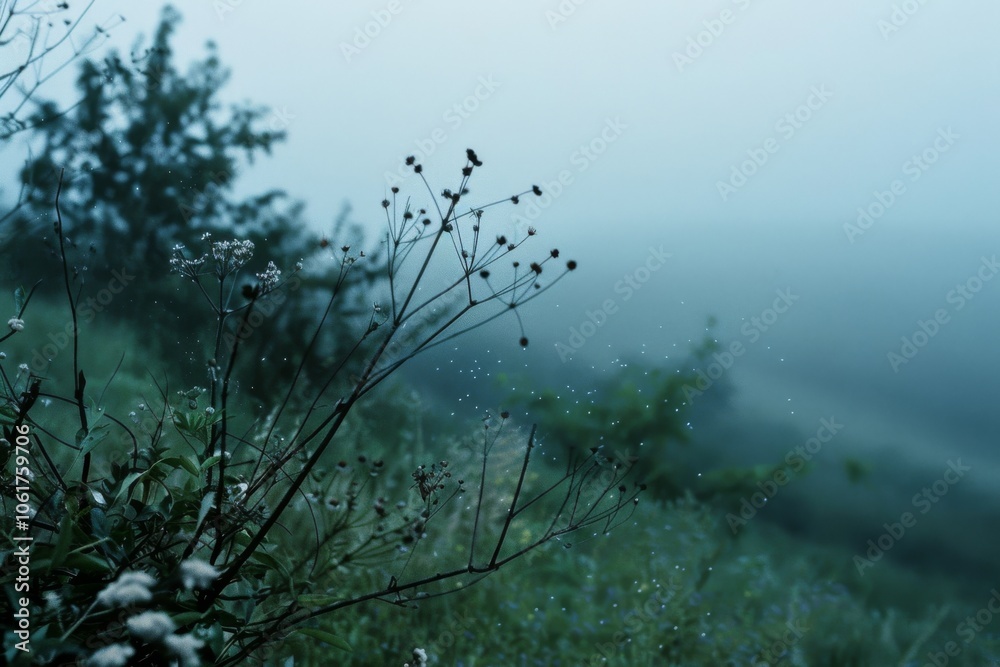 Dew-covered wildflowers and mist stretch over a lush meadow, creating an ethereal scene of tranquility and natural splendor.