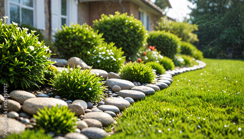 Jardin verdoyant avec bordures de pierres photo