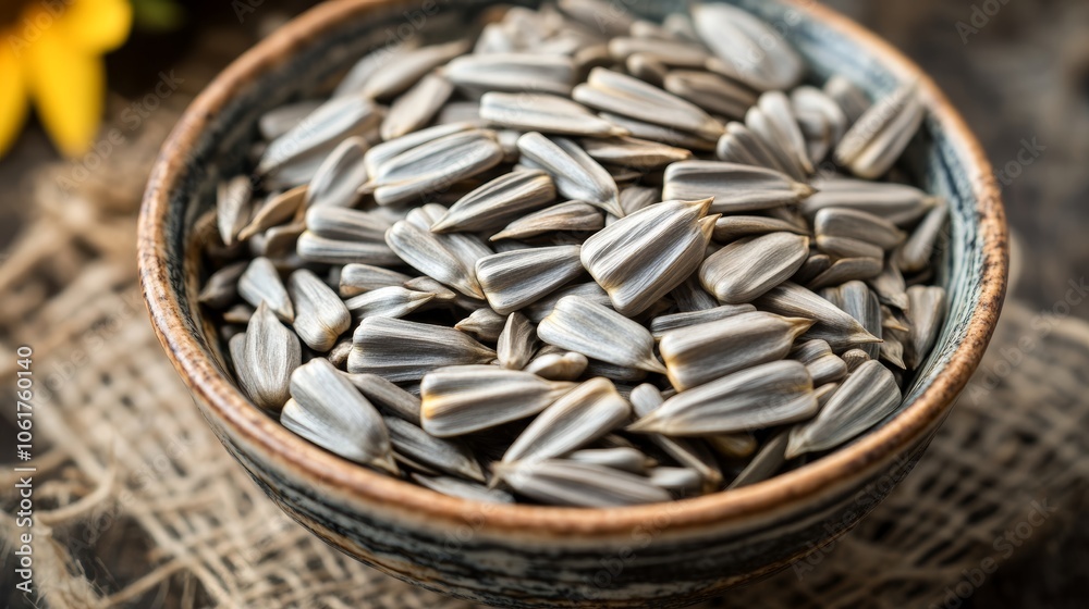Close-up of sunflower seeds in bowl rustic background Close-up of sunflower seeds in bowl rustic background
