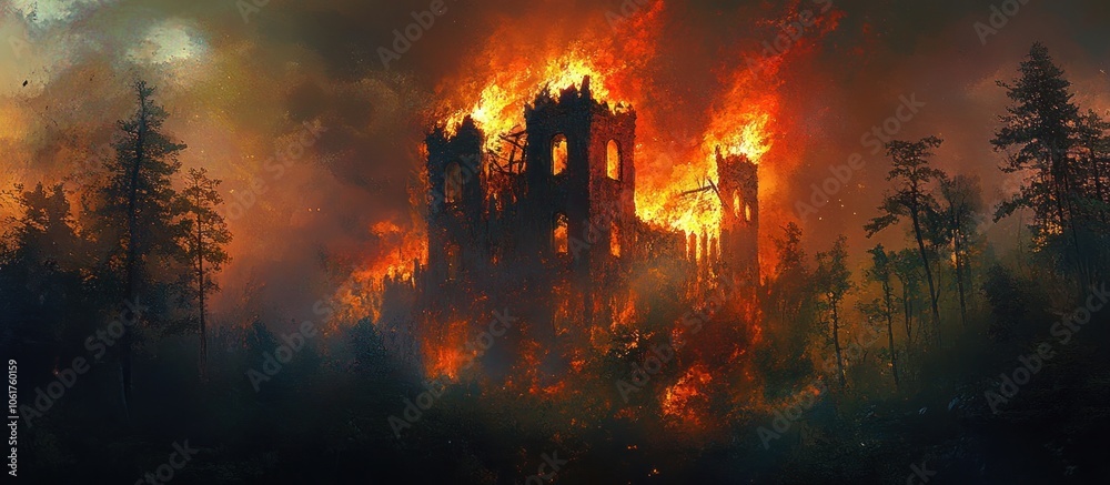 An old abandoned castle burning in a forest fire at night with a full moon. An old abandoned castle burning in a forest fire at night with a full moon.