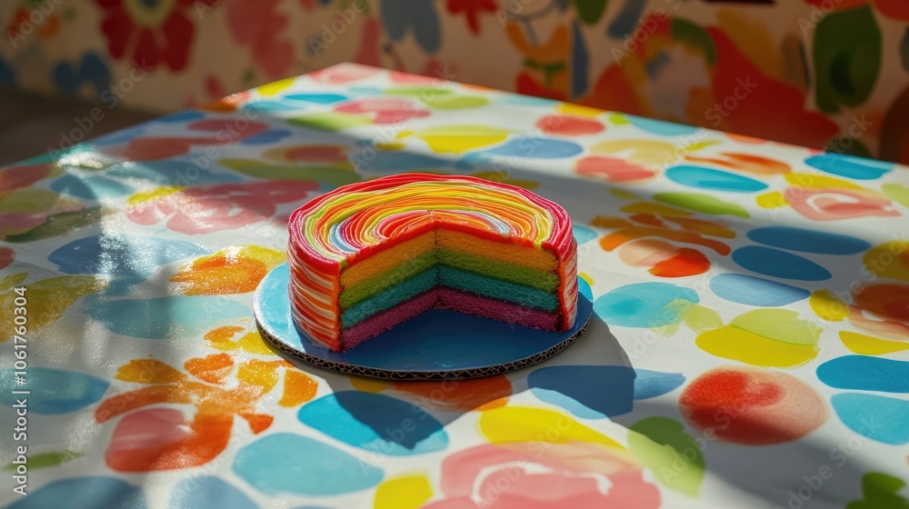 Colorful Rainbow Cake on Vibrant Table Colorful Rainbow Cake on Vibrant Table