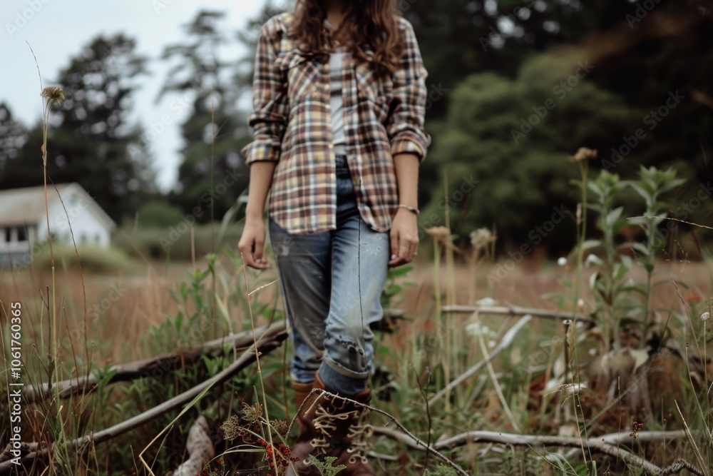 A person in plaid stands in a field, surrounded by wildflowers and rustic scenery, evoking a sense of peaceful solitude in nature. A person in plaid stands in a field, surrounded by wildflowers and rustic scenery, evoking a sense of peaceful solitude in nature.