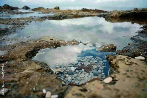 Reflections of a cloudy sky dance in a rocky tidal pool, offering a serene glimpse of nature's mirror amid the rugged coastal landscape. photo