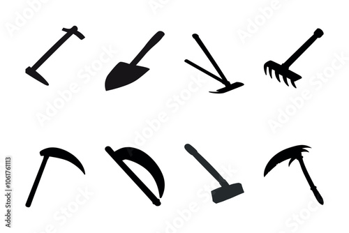Collection of silhouetted garden tools and agricultural implements