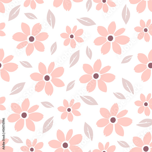 A soft floral seamless pattern design with pink flowers and light leaves on a white background.