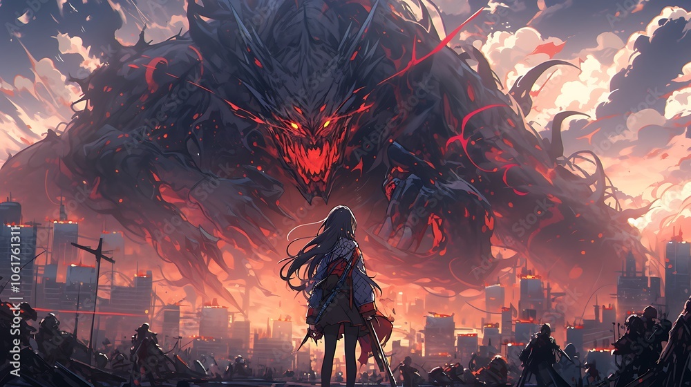Fototapeta premium a beautiful girl with a huge monster fighting, amidst the ruins of an apocalyptic city, colorful anime style