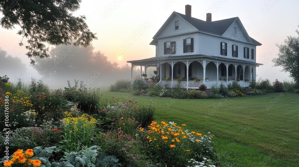 Naklejka premium Charming White House Amidst Colorful Garden in Fog