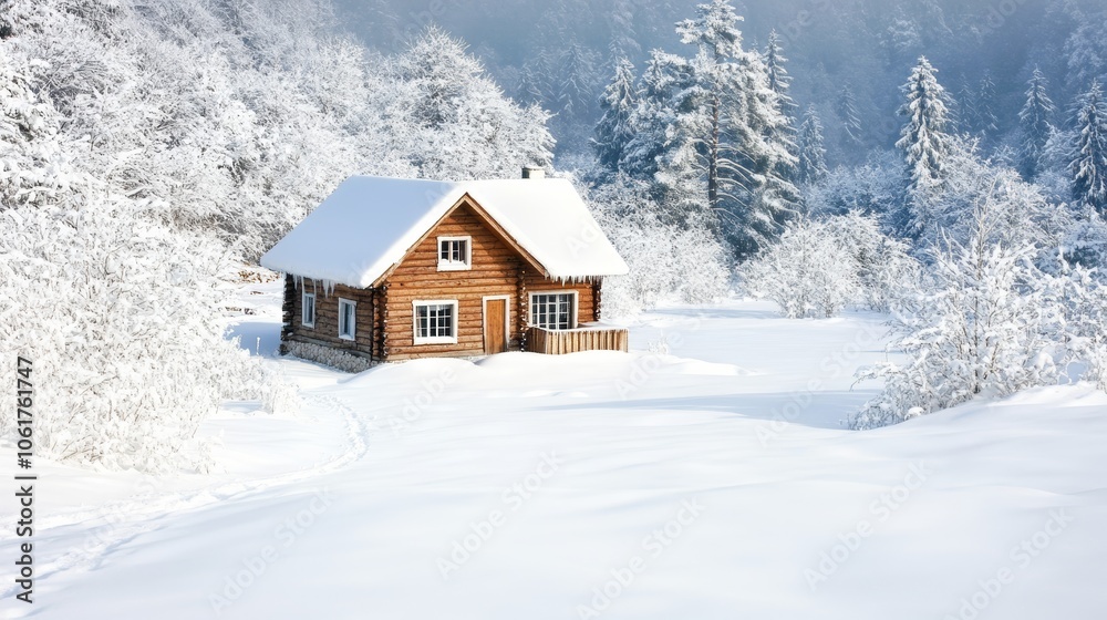 Cozy cabin nestled in a snowy landscape background Cozy cabin nestled in a snowy landscape background