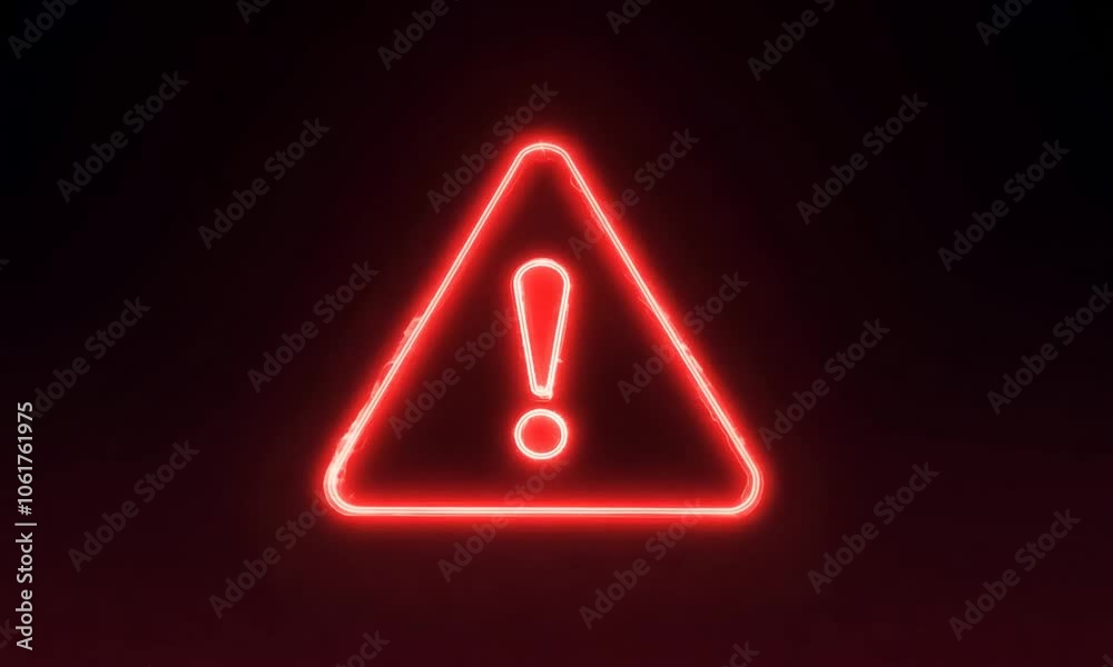  Glowing red warning symbol with exclamation mark inside triangle conveying alert or caution in neon style