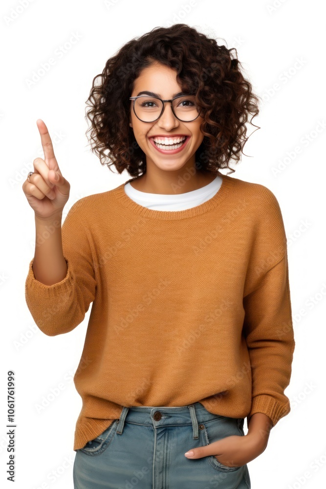 Smiling cheerful finger pointing glasses. Smiling cheerful finger pointing glasses.