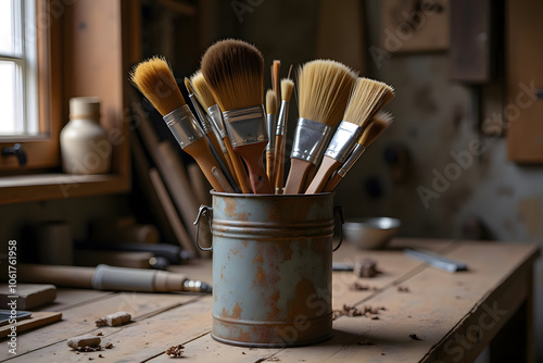 Vintage paintbrush collection in rustic workshop setting,background blurred photo