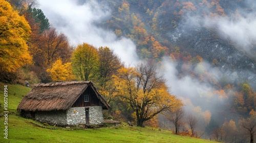 Quaint Cottage in Autumn Landscape with Misty Forest