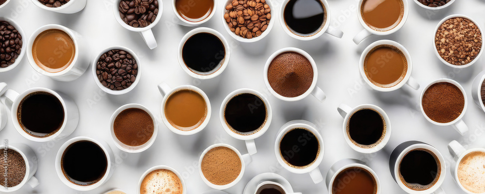 Obraz premium Variety of cups with coffee beans, roasted soluble and ground coffee, aromatic flavors, caffeine selection, types of coffee concept banner.
