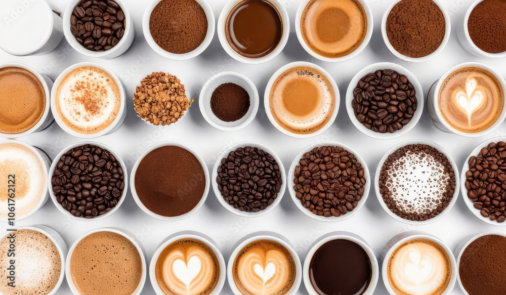 Variety of cups with coffee beans, roasted soluble and ground coffee, aromatic flavors, caffeine selection, types of coffee concept banner. Variety of cups with coffee beans, roasted soluble and ground coffee, aromatic flavors, caffeine selection, types of coffee concept banner.