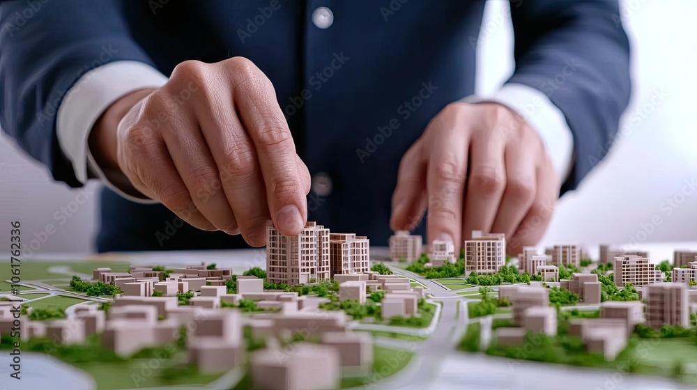 A person adjusting a miniature city model with buildings and greenery, showcasing architectural planning and development concepts. A person adjusting a miniature city model with buildings and greenery, showcasing architectural planning and development concepts.