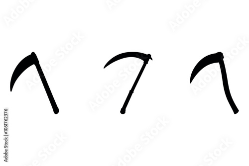 Three stylized scythe icons on a white background