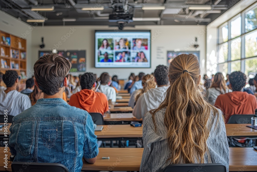 Students in a modern classroom watching an online presentation, blending technology and traditional education methods.