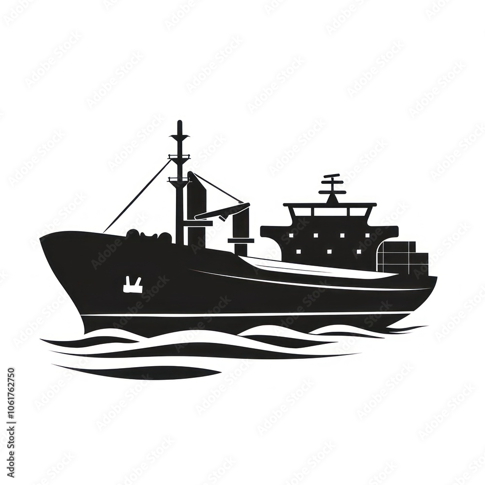 Obraz premium A black silhouette boat logistics icon watercraft vehicle ship.