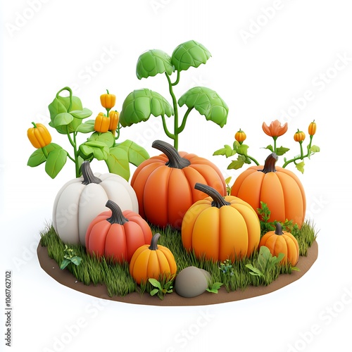 A group of cartoon pumpkins in a small garden setting with green grass and leaves.