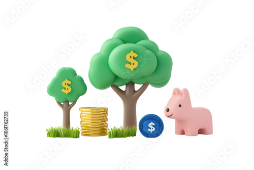 Cute Piggy Bank with Money Trees and Coins