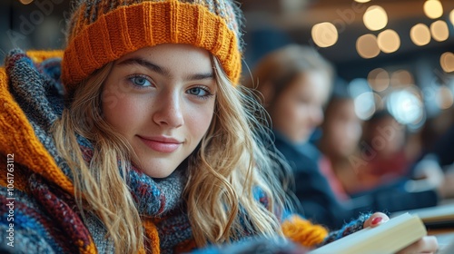 Young woman in cozy attire enjoying a warm atmosphere while reading in a lively cafe. Focus on autumn fashion and relaxation.