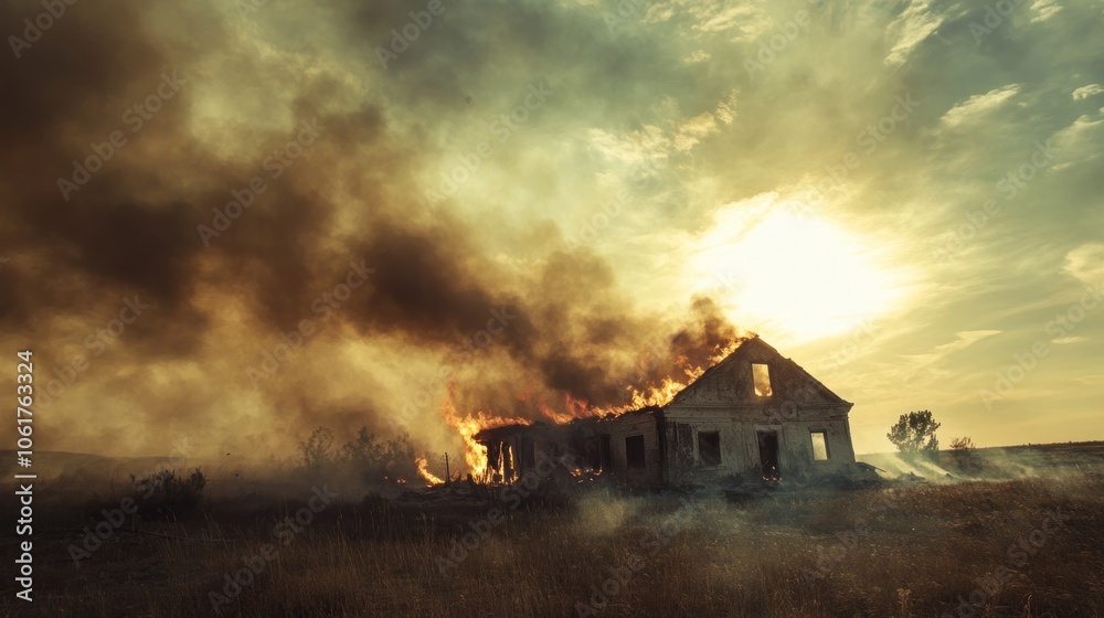 A burning house in the middle of a field, with smoke billowing into the air, against a cloudy sunset.