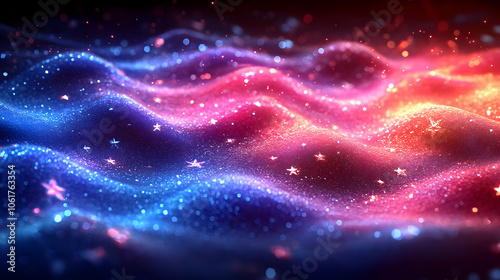 Abstract 3D Background with Shimmering Stars and Blue and Red Waves