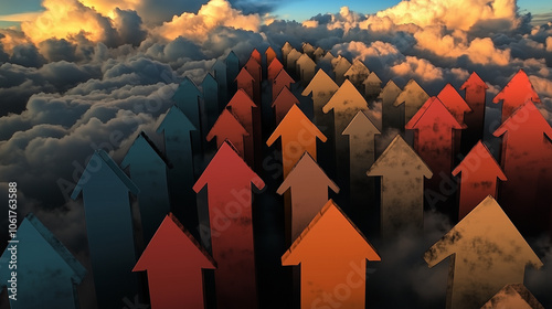 Colorful arrows shooting upward from billowing clouds with sunlight rays breaking through, symbolizing an optimistic growth mindset and soaring ambitions, Generative AI