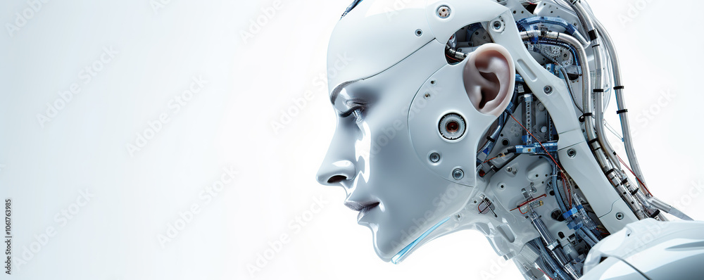 A futuristic humanoid robot's profile showcasing intricate mechanical details and a sleek design in a modern setting A futuristic humanoid robot's profile showcasing intricate mechanical details and a sleek design in a modern setting