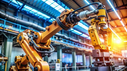 Closeup of a Mechanized Industrial Robot with Advanced Technology in Action, Showcasing Precision Engineering and Automation in Manufacturing Environments