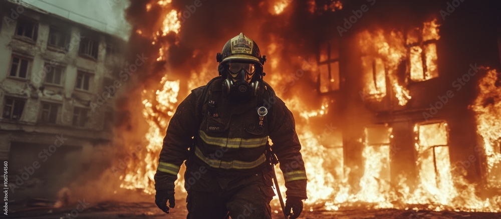 A firefighter walks toward a burning building with flames engulfing the windows and structure behind him. A firefighter walks toward a burning building with flames engulfing the windows and structure behind him.