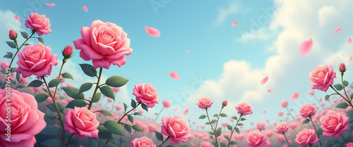 Pink roses on the background of a blue sky