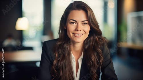 a charming businesswoman with a warm smile, dressed in a professional blazer, her long hair elegantly styled. She is seated at a conference table