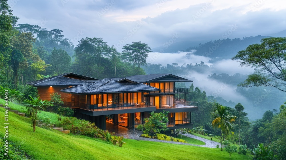 Modern House in Scenic Mountain Landscape at Dusk Modern House in Scenic Mountain Landscape at Dusk