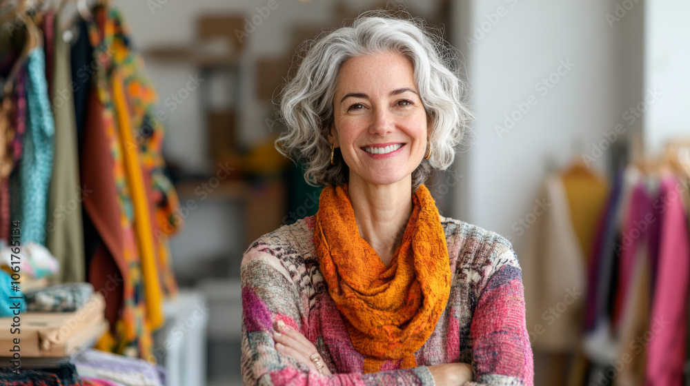 A confident woman with curly gray hair smiles warmly while wearing colorful sweater and an orange scarf. She stands in vibrant workspace filled with textiles and clothing A confident woman with curly gray hair smiles warmly while wearing colorful sweater and an orange scarf. She stands in vibrant workspace filled with textiles and clothing