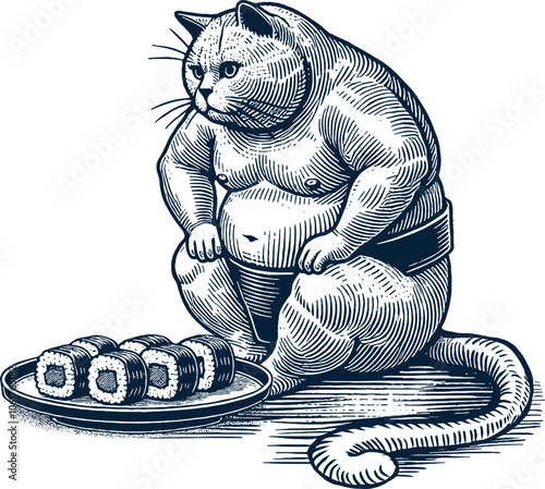 cat japanese sumo wrestler sitting with plate of sushi style engraving vector hand drawn
