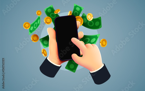 3D hand holding smarphone with flying banknotes. Get your money. Onlilne earnings.