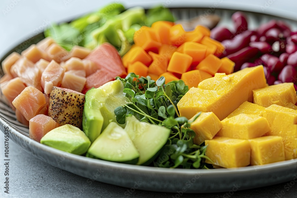 Bowel issues illustrated with a colorful plate of gut-friendly foods, bright setting, inviting composition, appetizing feel Bowel issues illustrated with a colorful plate of gut-friendly foods, bright setting, inviting composition, appetizing feel