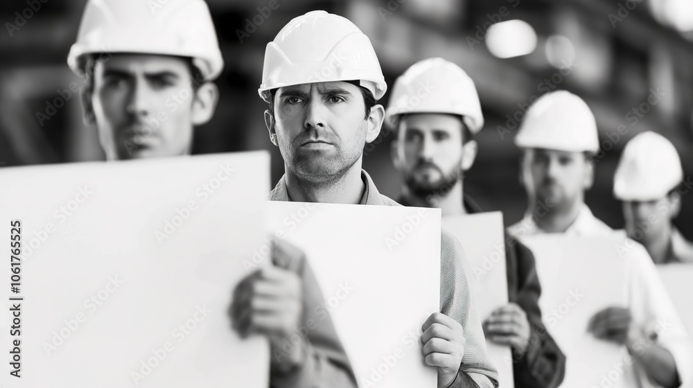 Group of workers standing in front of a factory, holding blank signs, expressing frustration and disagreement, highlighting labor issues and workplace conflicts. Group of workers standing in front of a factory, holding blank signs, expressing frustration and disagreement, highlighting labor issues and workplace conflicts.