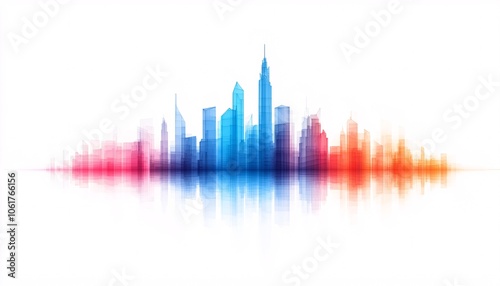 Futuristic Cityscape: Geometric Skyscrapers in Vibrant Colors on White Background