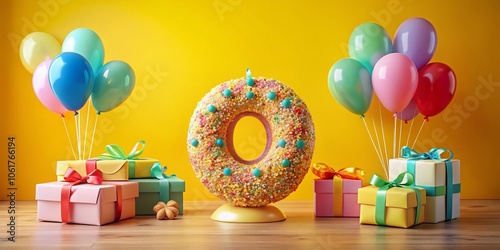 Colorful 0th Birthday Celebration with Doughnut, Balloons, and Gifts on Yellow Background photo