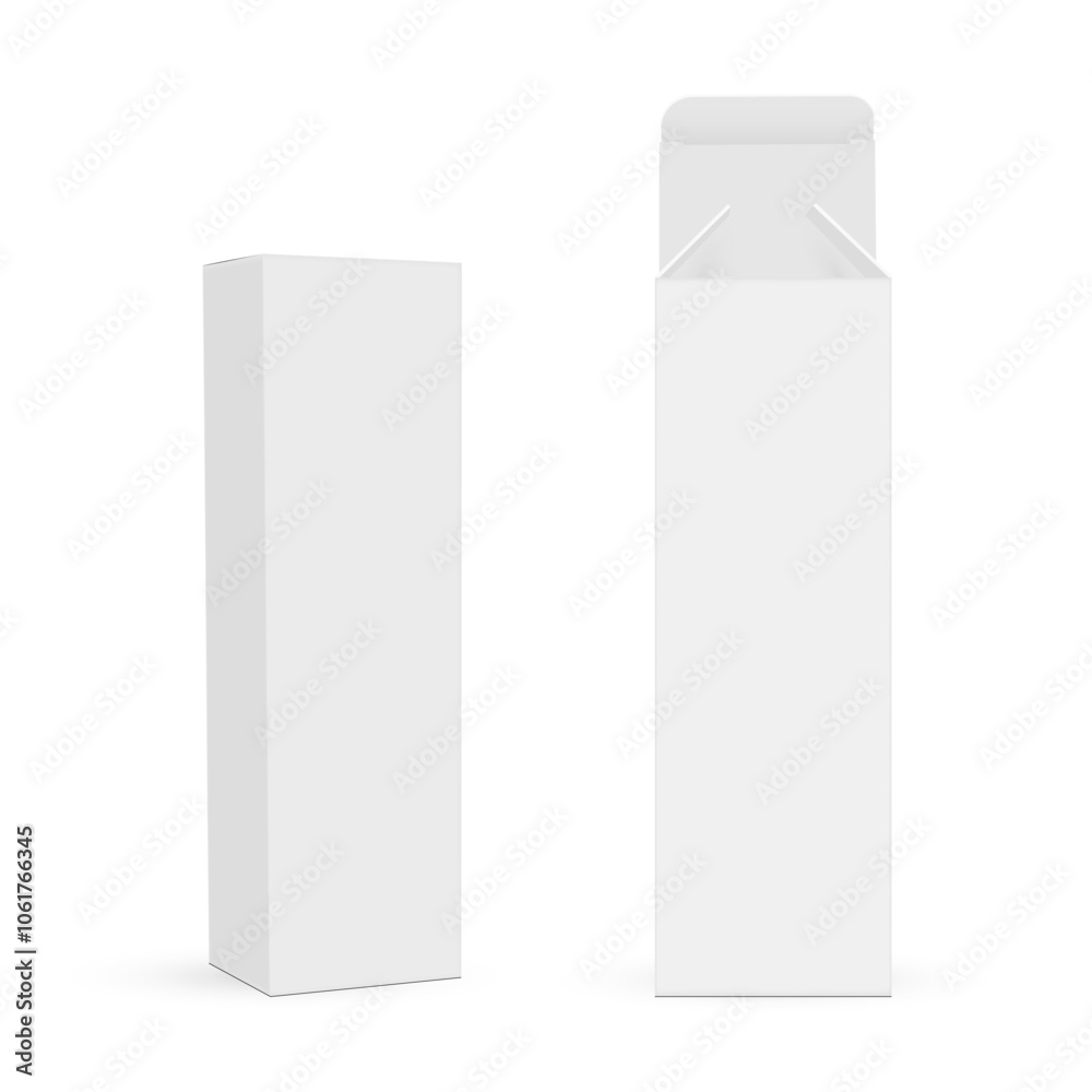 Rectangle Box, Front, Side View, Opened And Closed Mockup, Isolated On White Background. Vector Illustration Rectangle Box, Front, Side View, Opened And Closed Mockup, Isolated On White Background. Vector Illustration